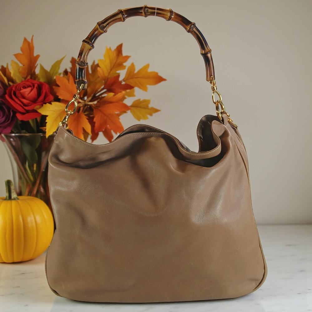 Authentic GUCCI Bamboo Leather Shoulder Bag with Strap Taupe Brown MSRP $1750